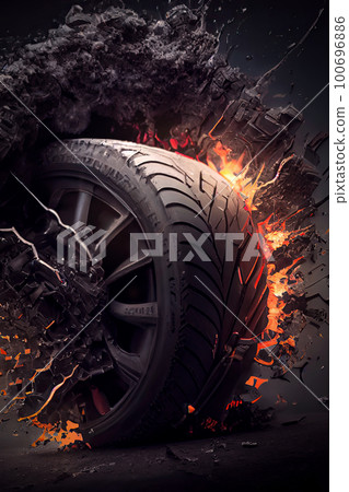 Beautiful black wheel in fire and smoke rolls into the scene. Tires and wheels for cars. 100696886
