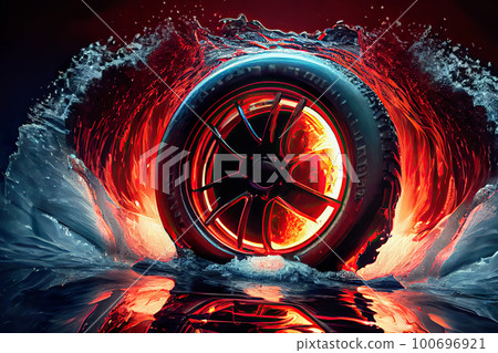 Car wheel a tire and a cast disc assembly against a background of fire and splashes of water a spectacular illustration 100696921