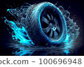 Beautiful tire with aluminum alloy wheel on neon background. The wheel demonstrates safe and efficient driving and driving driving on a wet track and attractive car design. 100696948