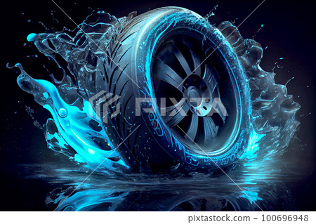 Beautiful tire with aluminum alloy wheel on neon background. The wheel demonstrates safe and efficient driving and driving driving on a wet track and attractive car design. 100696948
