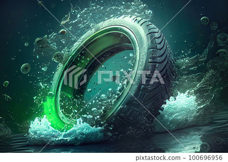 Summer eco tire on a neon green background with water splash art. It's an auto component designed for eco-friendly transport 100696956