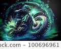 Motorcycle racer riding a green motorcycle through the mud, with splashes of water and mud creating a dramatic and dynamic scene. image captures intensity and excitement of off-road motorcycle racing. 100696961