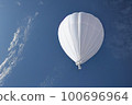 A Chinese-made white meteorological probe is shown flying in the sky, violating the airspace in its pursuit of atmospheric reconnaissance and research. 100696964