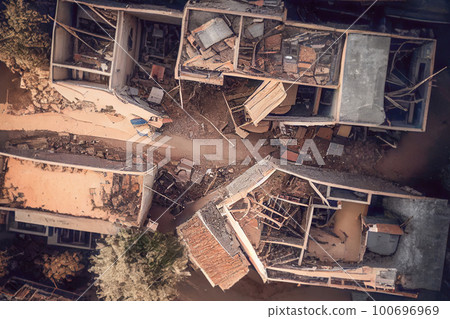 A destroyed building without a roof, as a result of an earthquake in Turkey or the war in Ukraine, the consequences of firing rockets or artillery. A destroyed building without a roof, as a result of an earthquake in Turkey or the war in Ukraine, the consequences of firing rockets or artillery. 100696969