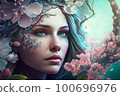 Portrait beautiful woman with green eyes and aquamarine hair framed by colorful flowers. A woman symbolizes the feminine principle in nature, powner of female beauty and the spring renewal of nature. 100696976