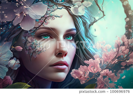 Portrait beautiful woman with green eyes and aquamarine hair framed by colorful flowers. A woman symbolizes the feminine principle in nature, powner of female beauty and the spring renewal of nature. Portrait beautiful woman with green eyes and aquamarine hair framed by colorful flowers. A woman symbolizes the feminine principle in nature, powner of female beauty and the spring renewal of nature. 100696976