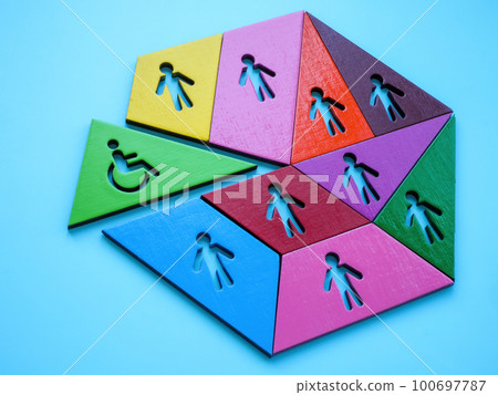 Social inclusion concept. Puzzle consisting of colored parts with figures. 100697787