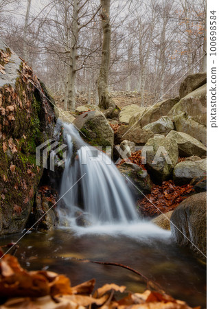 Beautiful small veil cascading waterfall, mossy rocks Beautiful small veil cascading waterfall, mossy rocks 100698584