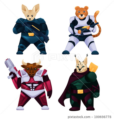 Fantasy animal characters warriors. Colorful flat vector design elements for mobile computer game. Cartoon vector illustration 100698778