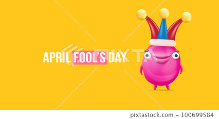 April Fools day funky horizontal banner with silly pink clown monster character isolated on orange background. 1 st april fool day banner, poster, label, flyer and greeting card. Fool day print April Fools day funky horizontal banner with silly pink clown monster character isolated on orange background. 1 st april fool day banner, poster, label, flyer and greeting card. Fool day print 100699584