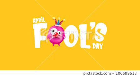 April Fools day funky horizontal banner with silly pink clown monster character isolated on orange background. 1 st april fool day banner, poster, label, flyer and greeting card. Fool day print 100699618