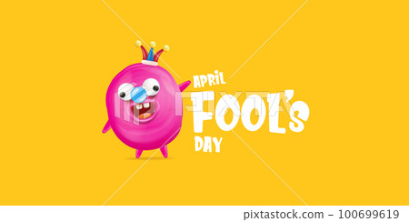 April Fools day funky horizontal banner with silly pink clown monster character isolated on orange background. 1 st april fool day banner, poster, label, flyer and greeting card. Fool day print 100699619
