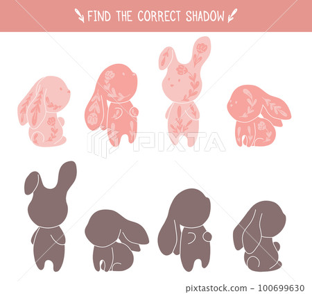 Vector template for Easter preschool game. Childish educational fun. Find right black silhouette for cute rabbits. Worksheet 100699630