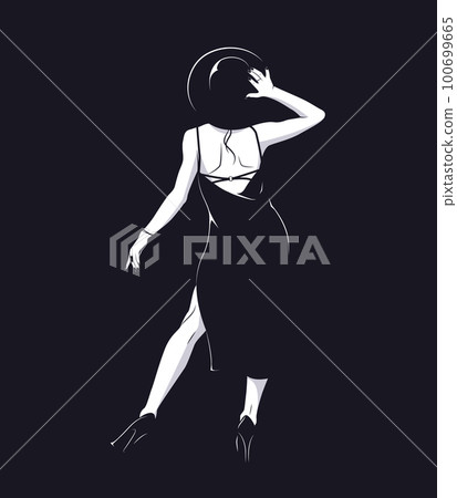Noir style silhouette of beauty woman posing in high heels, big hat and dress. View from the back. Noir style silhouette of beauty woman posing in high heels, big hat and dress. View from the back. 100699665