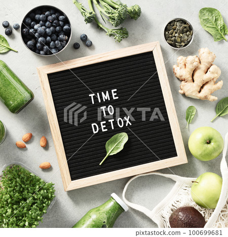Time to detox letter board quote flat lay Time to detox letter board quote flat lay 100699681