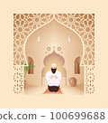 A Muslim is praying namaz or salah in the mosque. Islamic religion arabic style vector illustration. 100699688
