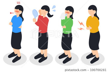 Full body female illustration set of symptoms / poor physical condition [Isometric] 100700281