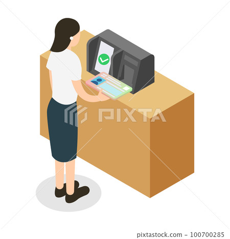 Isometric illustration of a woman confirming her identity using my number at the counter / reception 100700285