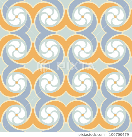 abstract retro vintage seamless pattern with geometric shapes. vector illustration elegant blend of grey, orange and blue, and incorporates ornamental elements inspired by rococo and arabesque styles 100700479