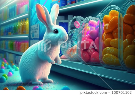 Cute white Easter bunny goes shopping in a supermarket. Generative AI 100701102