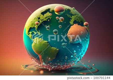 Realistic globe map with water drops isolated on clean background. World Water day or Earth day concept. Generative AI 100701144