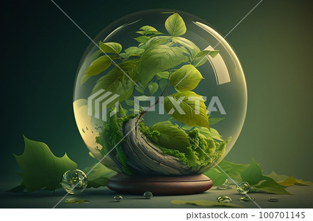 Decorative green tree in water glass globe. World Earth day or Water day concept. Generative AI 100701145
