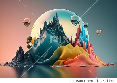 Glass globe with colorful mountains and water bubbles isolated on clean background. World Water day concept. Generative AI Glass globe with colorful mountains and water bubbles isolated on clean background. World Water day concept. Generative AI 100701150