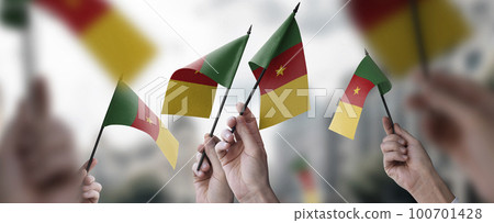 A group of people holding small flags of the Cameroon in their hands 100701428