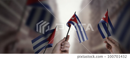A group of people holding small flags of the Cuba in their hands A group of people holding small flags of the Cuba in their hands 100701432