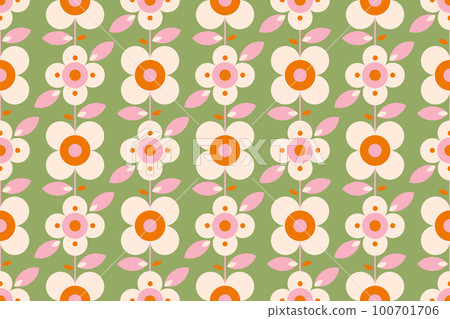 Retro flower seamless pattern with leaves. Modern stylized floral, pastel color graphic design, background. Blossom flowers Retro flower seamless pattern with leaves. Modern stylized floral, pastel color graphic design, background. Blossom flowers 100701706