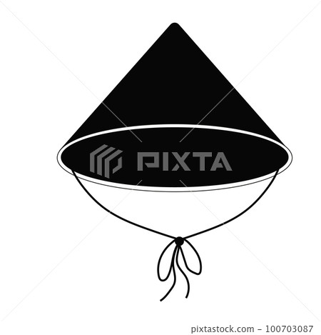 Conical traditional asian hat from natural materials with ribbon silhouette in cartoon style isolated on white background. 100703087