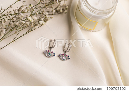 Elegant jewelry set of silver earrings with gem. Jewelry set minimalist style. Handmade bijouterie concept. 100703102