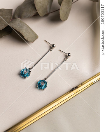 Elegant jewelry set of silver earrings with gem. Jewelry set minimalist style. Handmade bijouterie concept. Elegant jewelry set of silver earrings with gem. Jewelry set minimalist style. Handmade bijouterie concept. 100703117