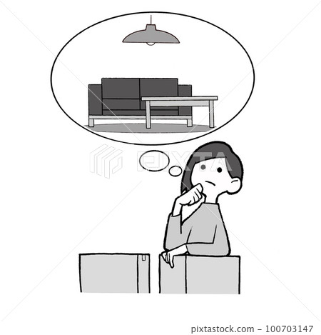 Moving, furniture, woman thinking about placement, black and white Moving, furniture, woman thinking about placement, black and white 100703147