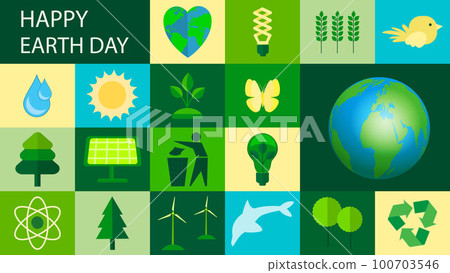Happy Earth Day. 22 April. Let s save the Earth. Icons with ecological themes. Template for background, banner, postcard. Vector Happy Earth Day. 22 April. Let s save the Earth. Icons with ecological themes. Template for background, banner, postcard. Vector 100703546