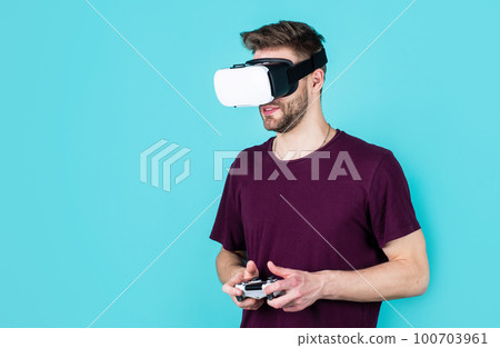 man play video games in virtual glasses, innovations 100703961