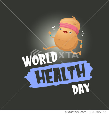 World health care day vector illustration with cartoon funky potato character running or jogging outdoor. Cute sporty healthy vegetable character making cardio sport exercise. Fitness cardio concept World health care day vector illustration with cartoon funky potato character running or jogging outdoor. Cute sporty healthy vegetable character making cardio sport exercise. Fitness cardio concept 100705136