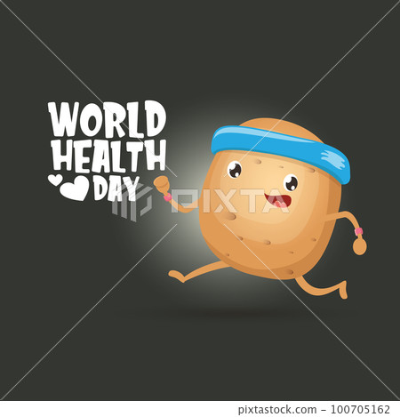 World health care day vector illustration with cartoon funky potato character running or jogging outdoor. Cute sporty healthy vegetable character making cardio sport exercise. Fitness cardio concept World health care day vector illustration with cartoon funky potato character running or jogging outdoor. Cute sporty healthy vegetable character making cardio sport exercise. Fitness cardio concept 100705162