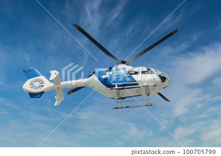 Blue and white air ambulance rescue helicopter flying mid-air against a blue sky background Blue and white air ambulance rescue helicopter flying mid-air against a blue sky background 100705799