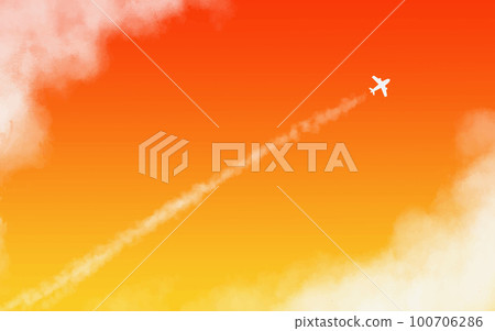 黃昏的天空、飛機和軌跡橙色 100706286