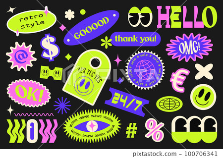 Trendy y2k stickers, vector set Stock Vector