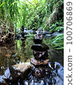 Balanced zen rock stacks in a creek. 100706869