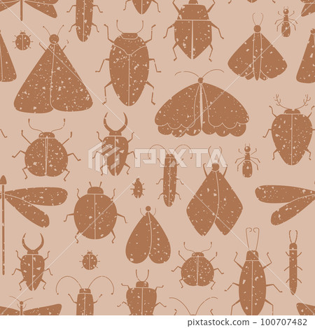 Vector seamless pattern with brown grunge insects, moths, bugs, ants, dragonfly. Trendy endless background. 100707482
