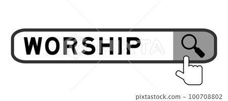 Search banner in word worship with hand over magnifier icon on white background 100708802