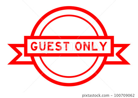 Vintage red color round label banner with word guest only on white background 100709062