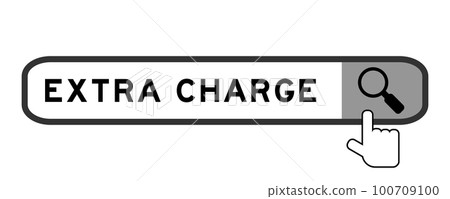 Search banner in word extra charge with hand over magnifier icon on white background Search banner in word extra charge with hand over magnifier icon on white background 100709100