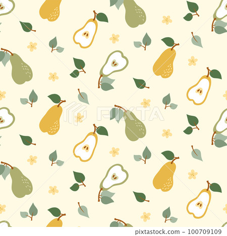 Cute pattern with yellow and green pears and flowers in flat style. Vector illustration 100709109