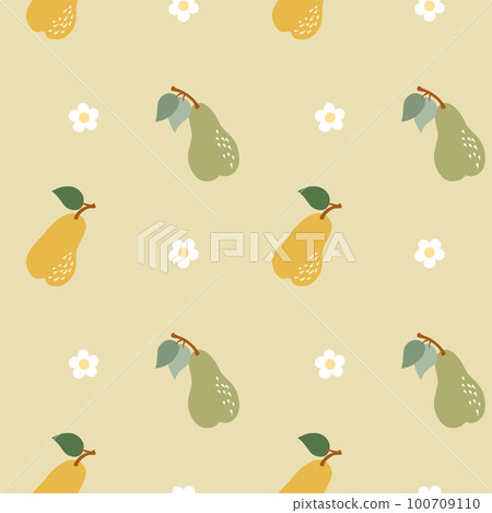 Cute pattern with yellow and green pears and daisy in flat style. Vector illustration 100709110