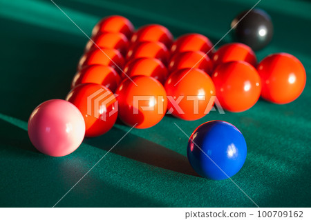 Colorful Snooker balls are on a pool table, close up photo Colorful Snooker balls are on a pool table, close up photo 100709162