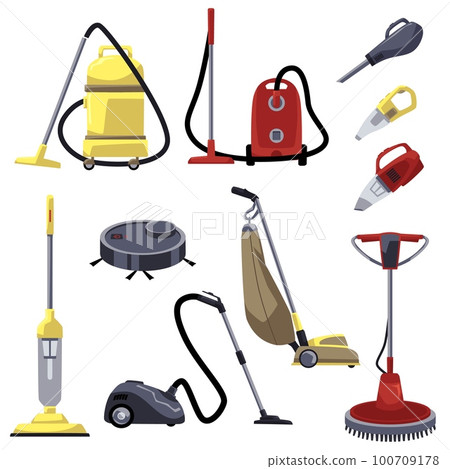 Various vacuum cleaners set, flat vector illustration isolated on white background. 100709178